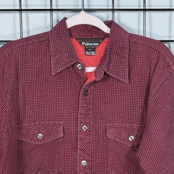 Vintage‎ Houndstooth Flannel Quilted LS Shirt Mens L Red Blue Outdoor Fall - Picture 1 of 9